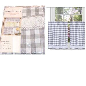 Buffalo Check Tier Pair Gray and White with Crochet Trim (valance not included)